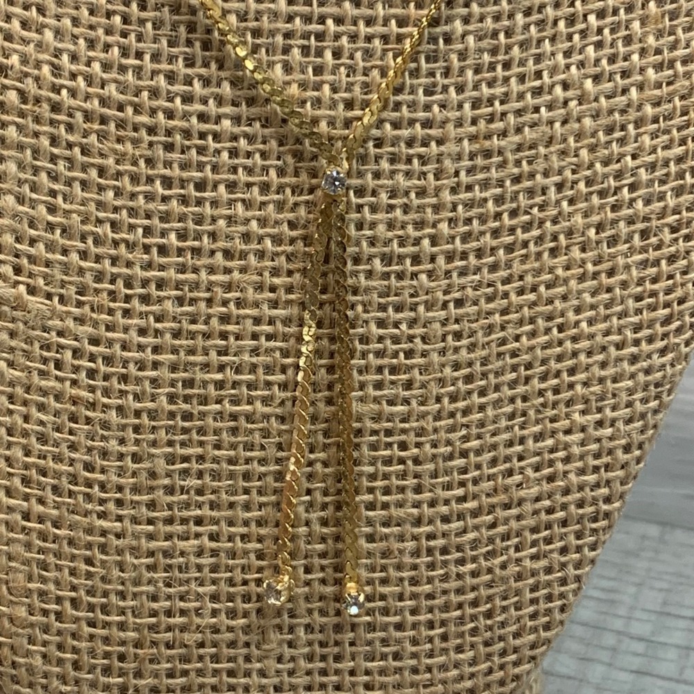 Gold Tone Rhinestone Accent Flat Link Lariat Y Necklace 30 Inch 5590